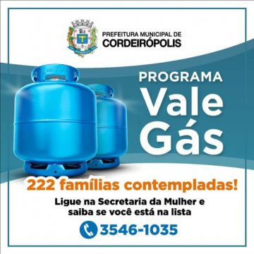 Em Cordeirópolis, 222 famílias em situação de pobreza receberão Vale Gás
