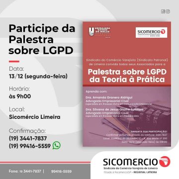 Palestra em Limeira aborda LGPD para comerciantes no próximo dia 13